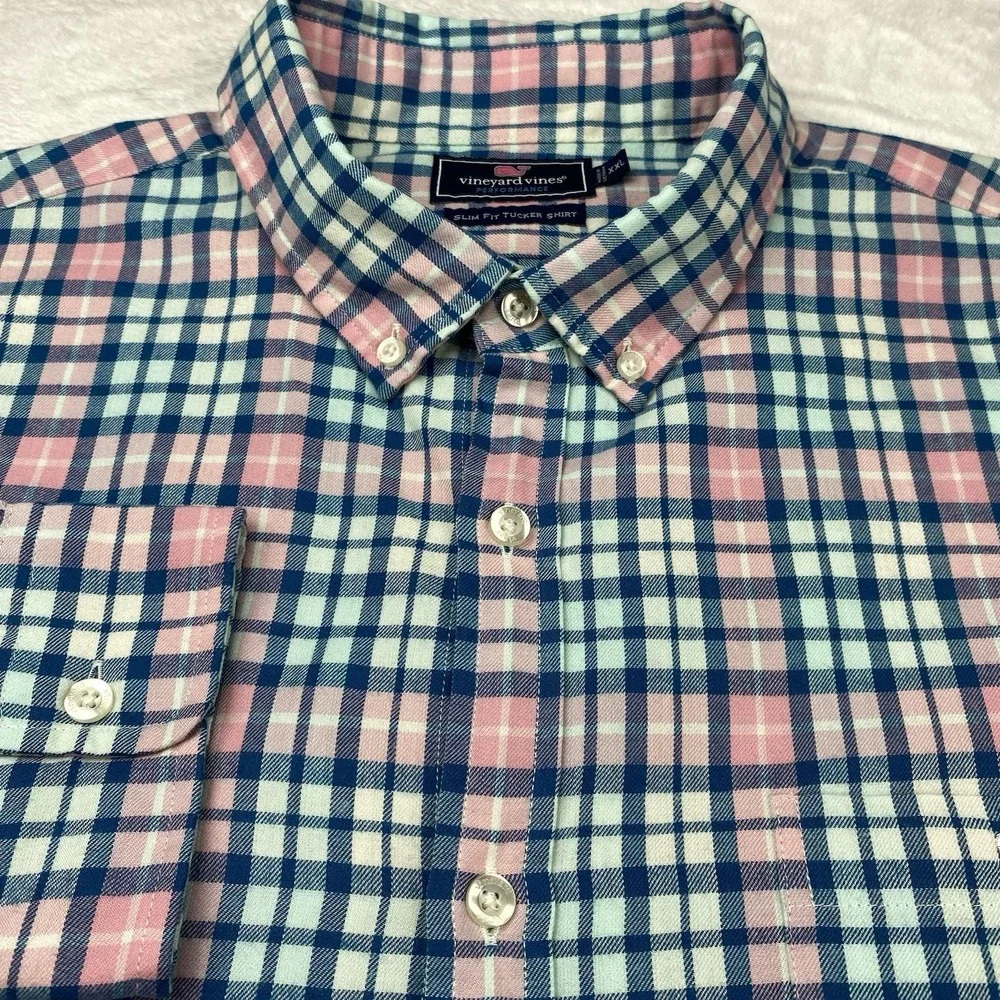 Vineyard Vines Men's XXL Slim Fit Tucker Shirt Blue Pink Check Long Sleeve Soft - Picture 4 of 10